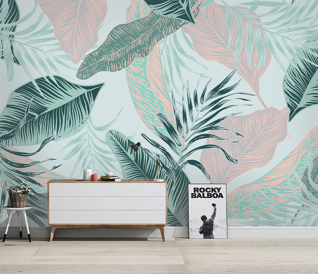 Beige and Green Leaves - Tropical Wallpaper Murals-ChandeliersDecor