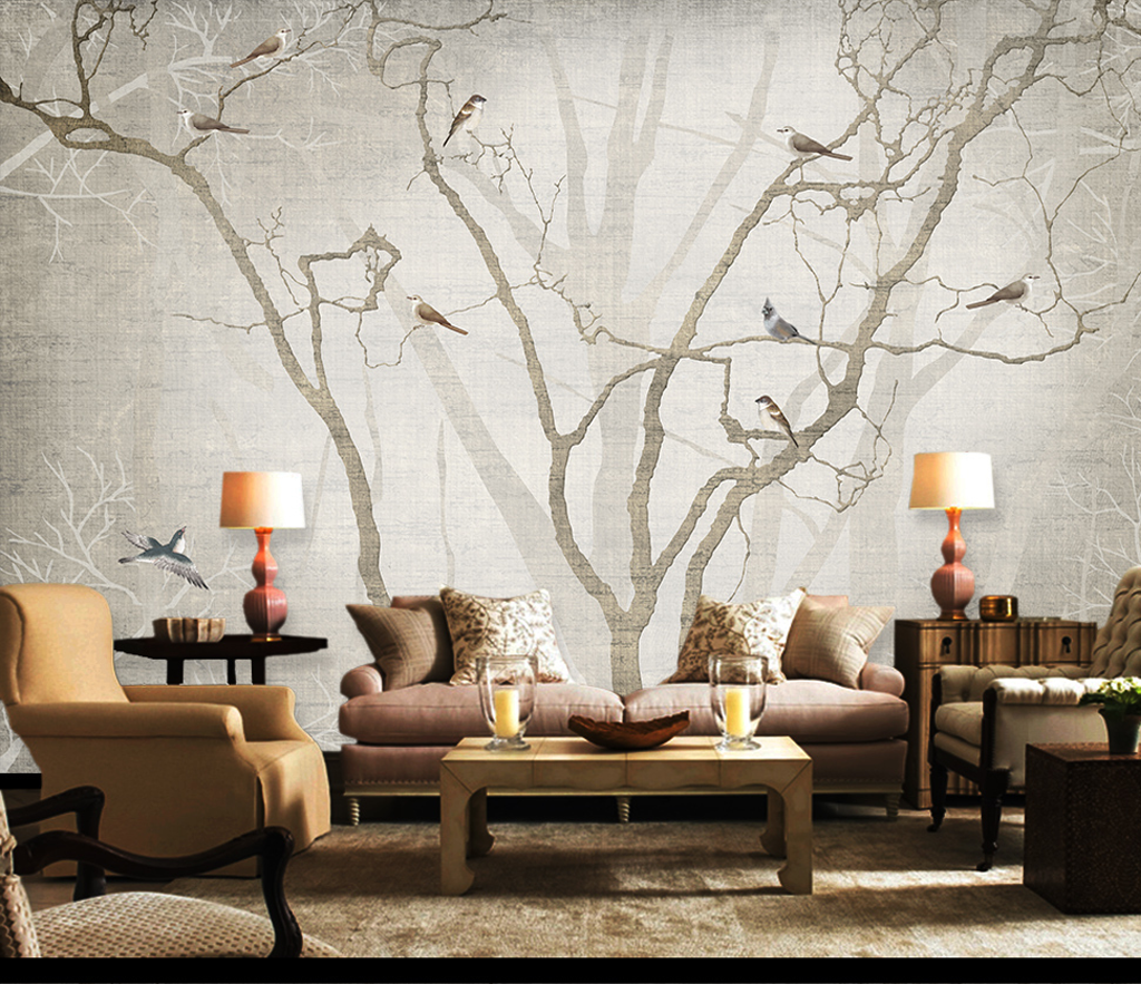 Birds on Tree Trunks Wallpaper Mural - Enhance Your Space-ChandeliersDecor