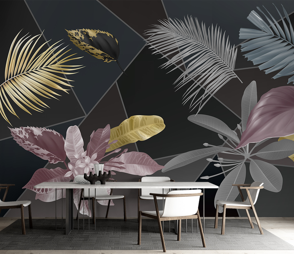 Black Leafs Pattern Wallpaper Murals - Premium Design-ChandeliersDecor