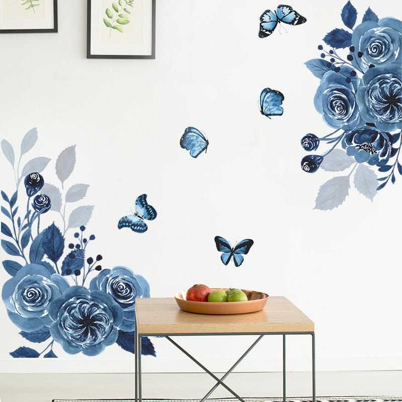 Blue Flowers Butterfly Wall Stickers Removable PVC Home Decor Decals Mural for Living Room Bedroom Art