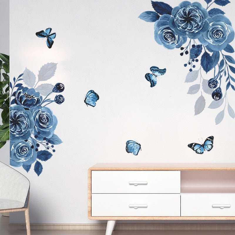 Blue Flowers Butterfly Wall Stickers Removable PVC Home Decor Decals Mural for Living Room Bedroom Art