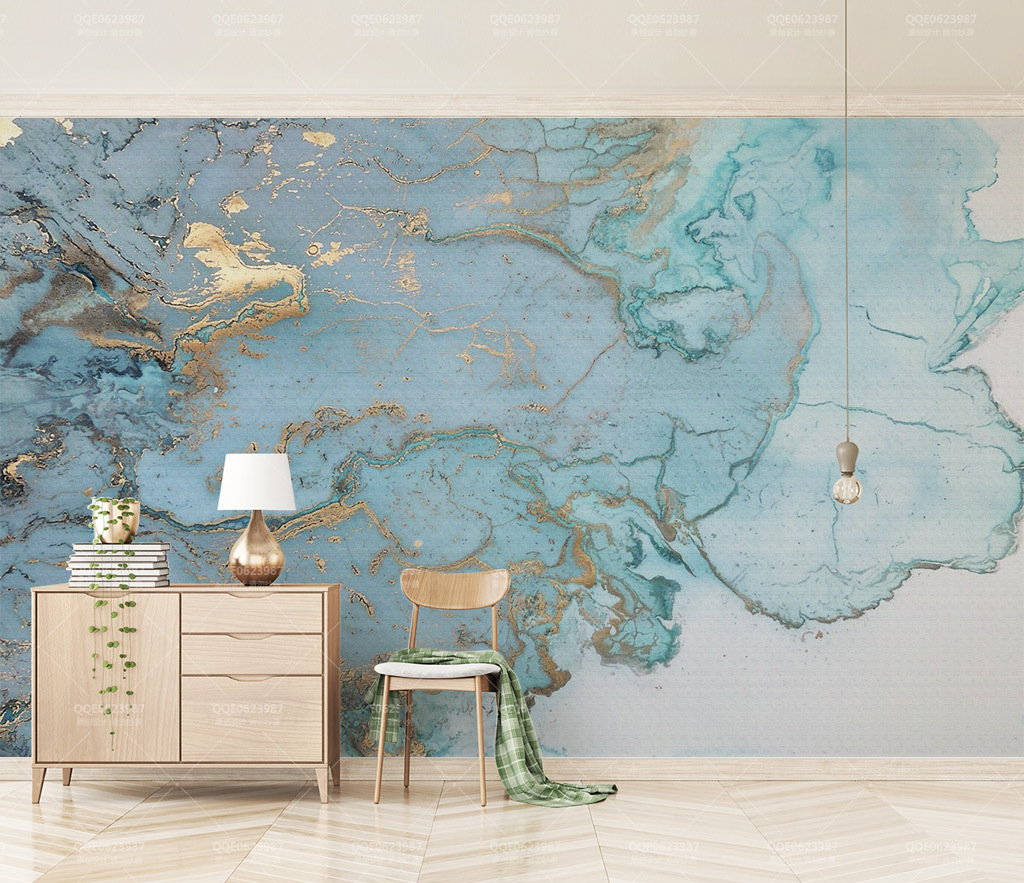 Blue & Gold Marble Wallpaper Murals-ChandeliersDecor