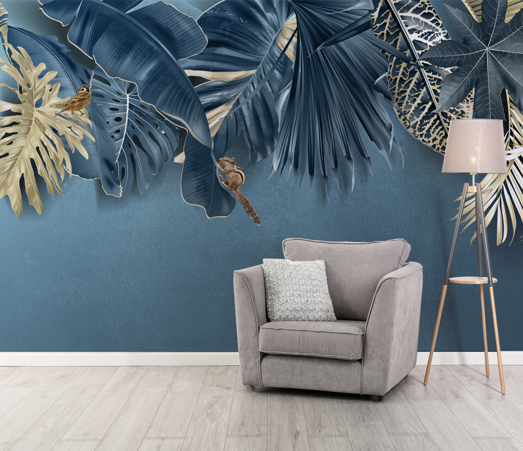 Blue Leafs Theme - Tropical Wallpaper Murals-ChandeliersDecor