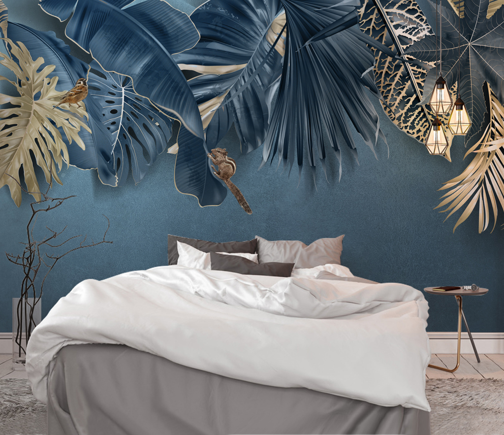 Blue Leafs Theme - Tropical Wallpaper Murals-ChandeliersDecor