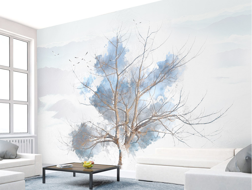Blue Tree Sketch Wallpaper Murals-ChandeliersDecor