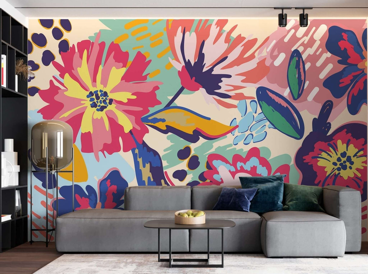 Bright Blossom Flowers: Living Room Wallpaper Mural-ChandeliersDecor.com