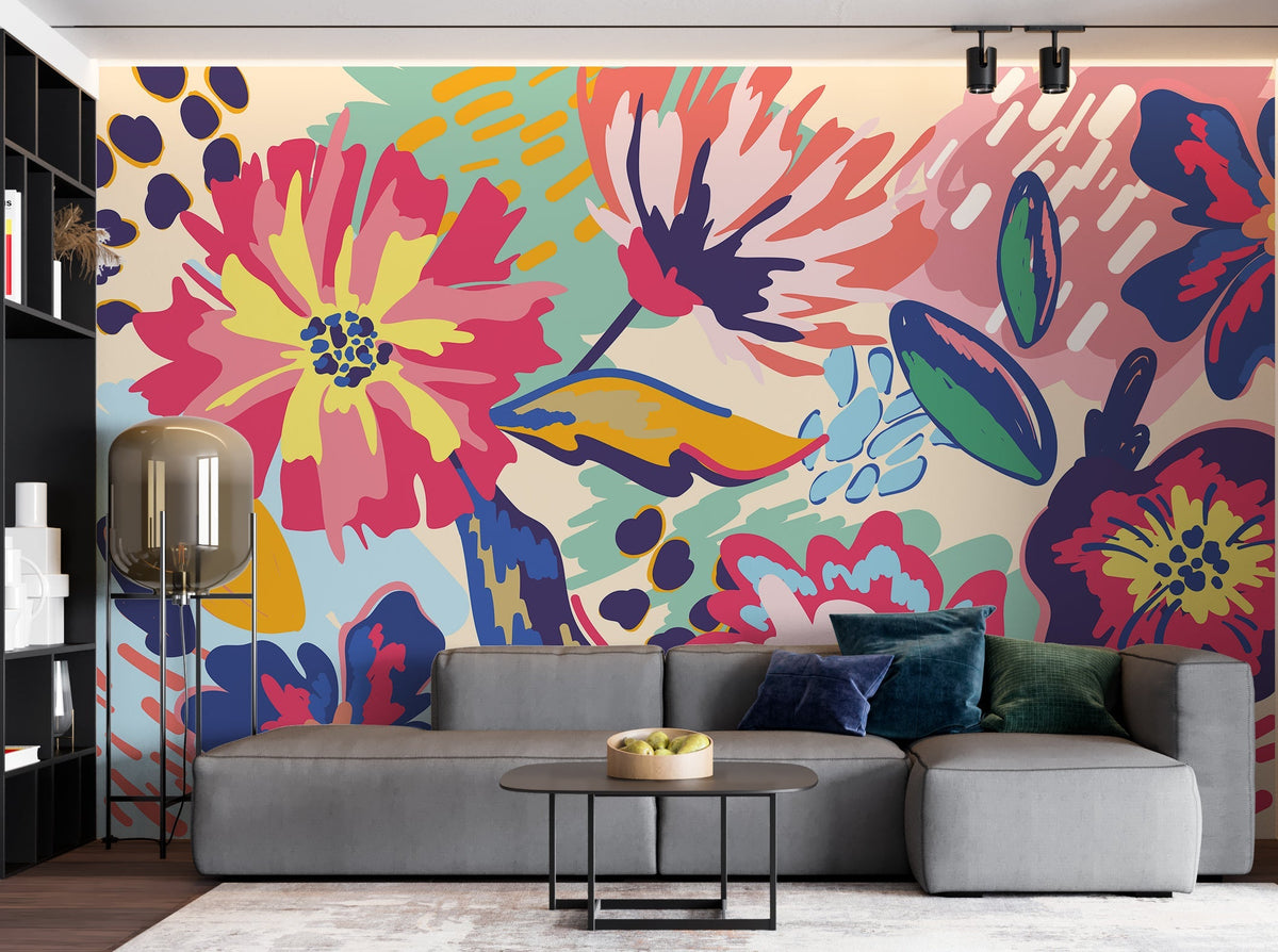 Bright Blossom Flowers: Living Room Wallpaper Mural-ChandeliersDecor