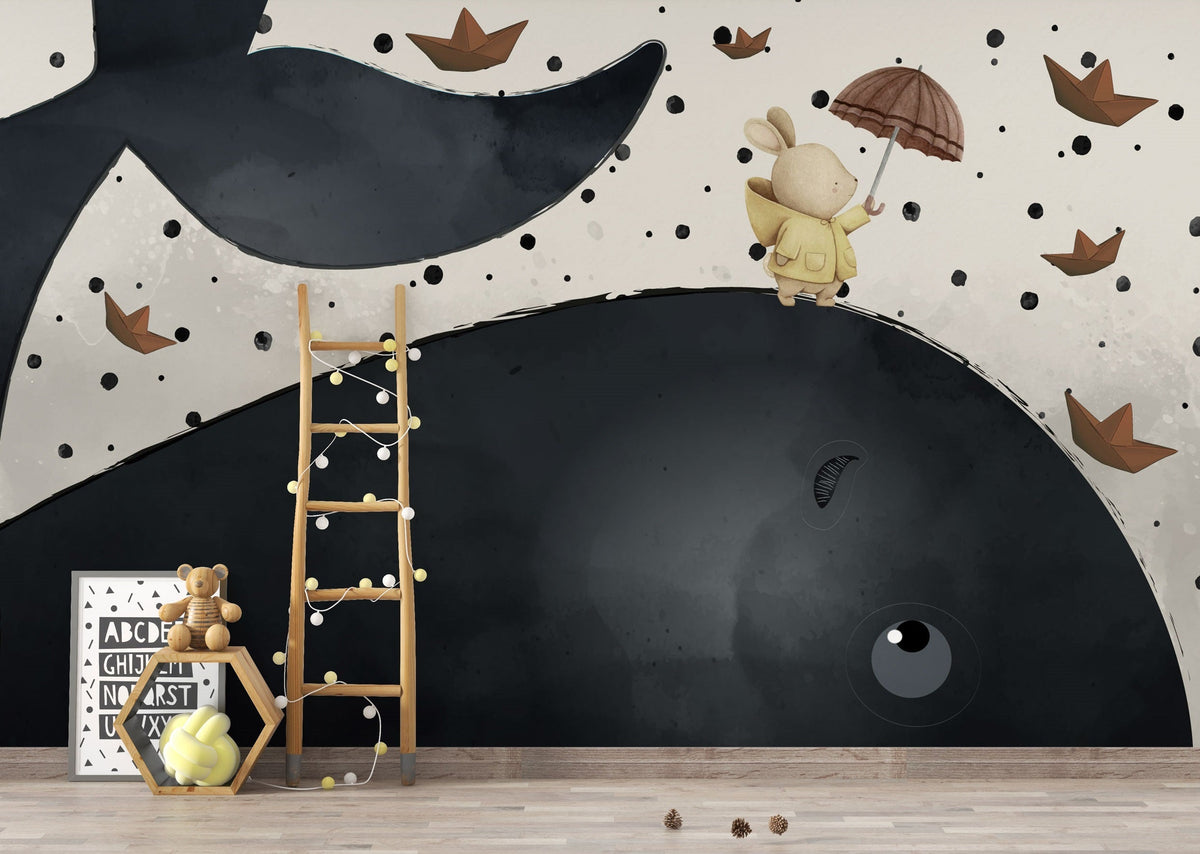 Bunny on Sea Whale: Kids Room Wallpaper Mural-ChandeliersDecor