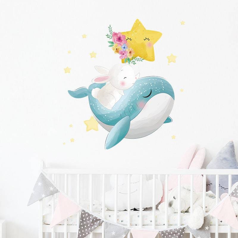 Bunny Rabbit on Whale Wall Decal: Nursery Decor