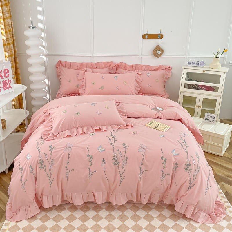 Butterfly Floral Embroidery Ruffled Bedding Set-ChandeliersDecor