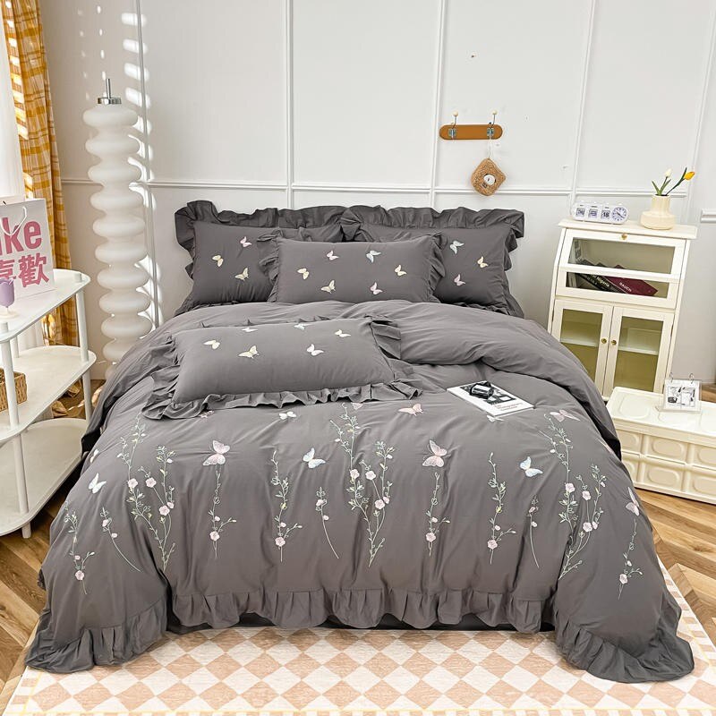 Butterfly Floral Embroidery Ruffled Bedding Set-ChandeliersDecor