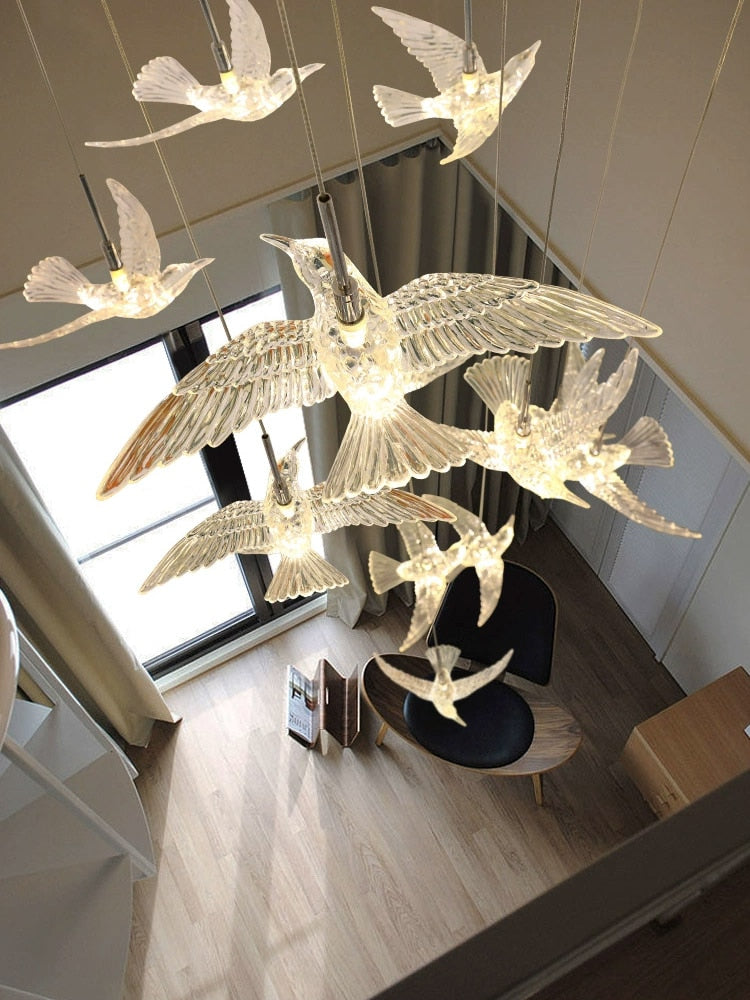 ChandeliersDecor.com-Staircase Chandelier-Acrylic Glass Birds Chandelier - Exquisite Lighting Solution