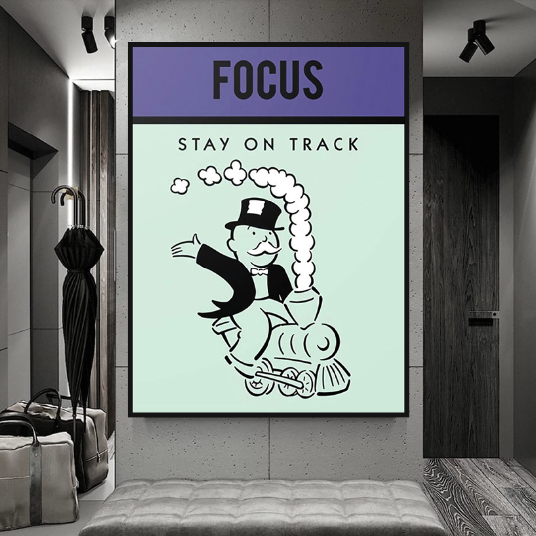 ChandeliersDecor.com-Monopoly Wall Poster-Alec Monopoly Focus Stay on Track Play Card Canvas Wall Art