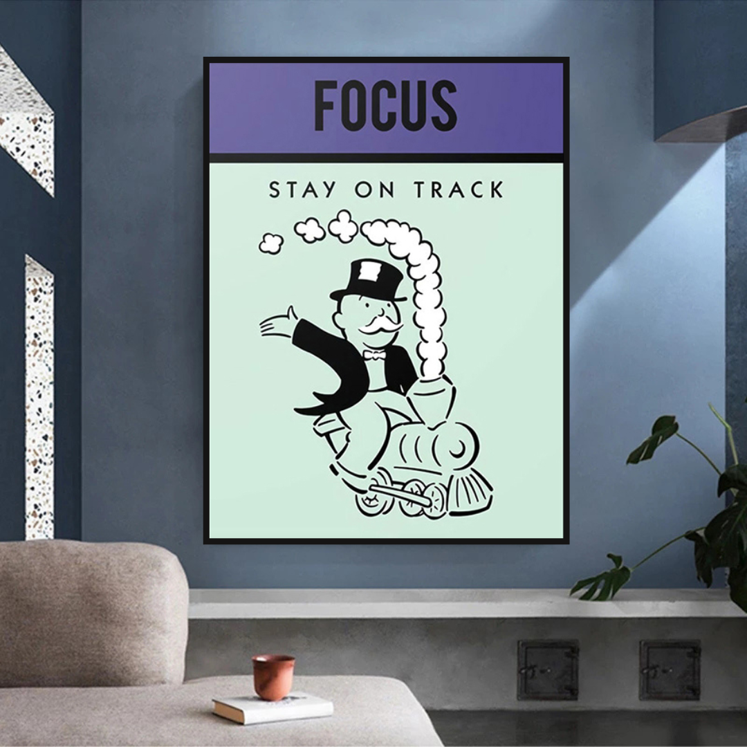 ChandeliersDecor.com-Monopoly Wall Poster-Alec Monopoly Focus Stay on Track Play Card Canvas Wall Art