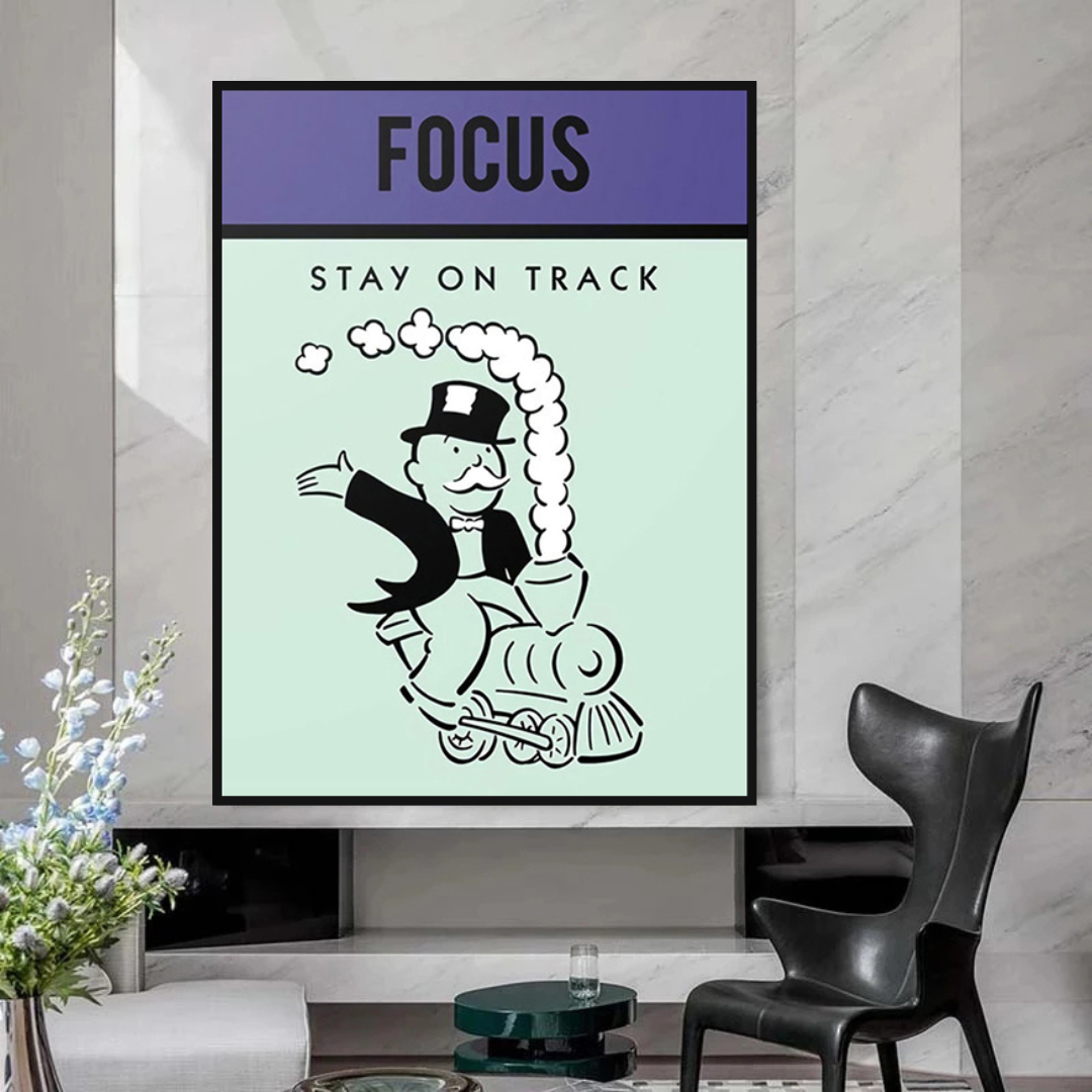 ChandeliersDecor.com-Monopoly Wall Poster-Alec Monopoly Focus Stay on Track Play Card Canvas Wall Art