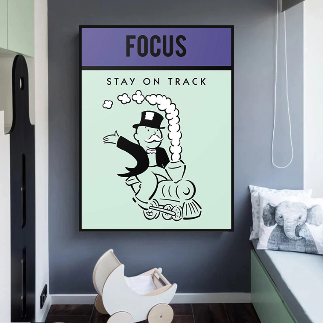 ChandeliersDecor.com-Monopoly Wall Poster-Alec Monopoly Focus Stay on Track Play Card Canvas Wall Art