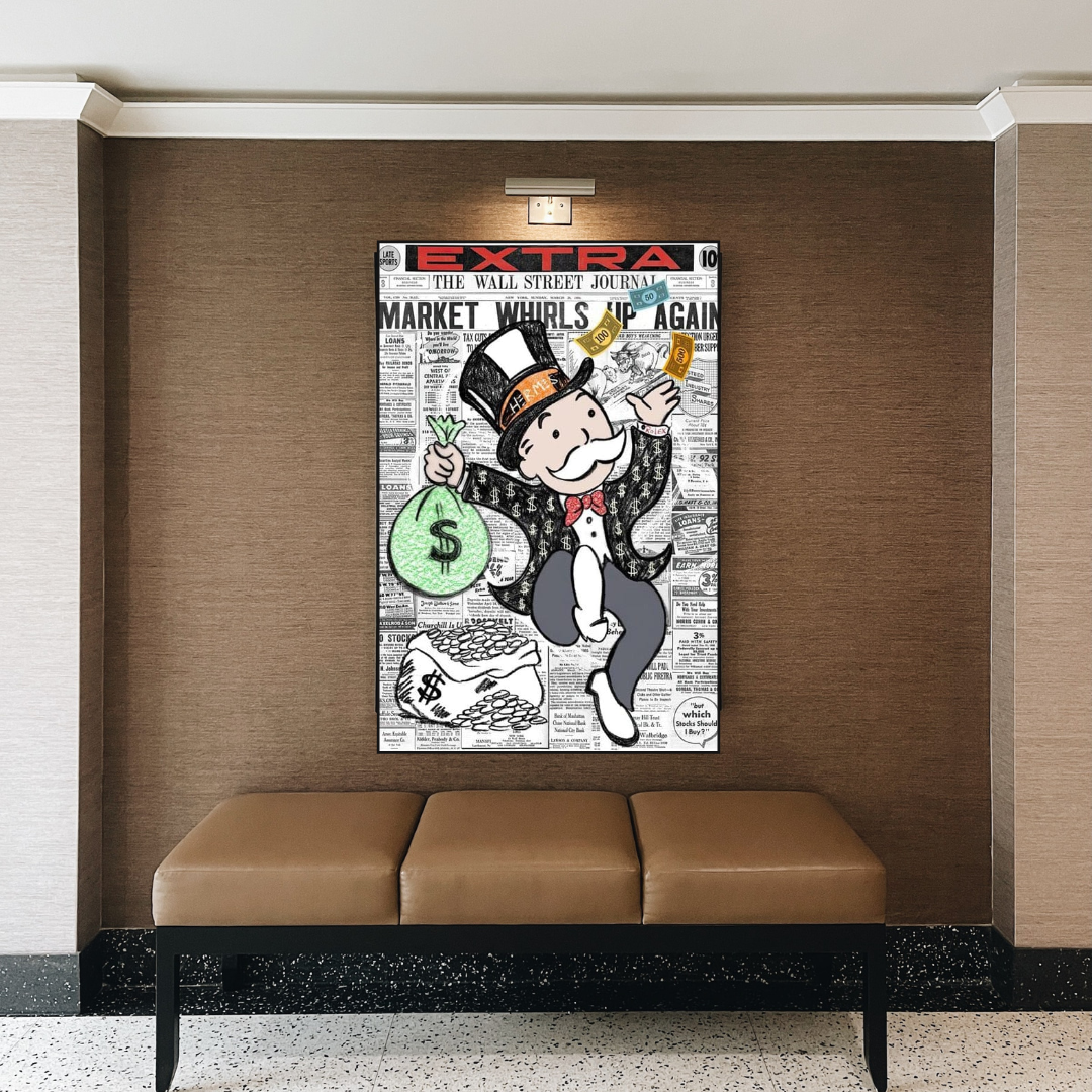 ChandeliersDecor.com-Monopoly Wall Poster-Alec Monopoly Money Bag Prints Newspaper Canvas Wall Art
