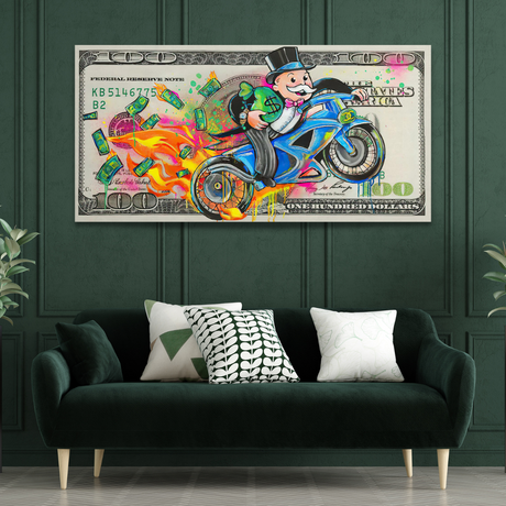 ChandeliersDecor.com-Monopoly Wall Poster-Alec Monopoly Money Millionaire on Heavy Bike Canvas Print