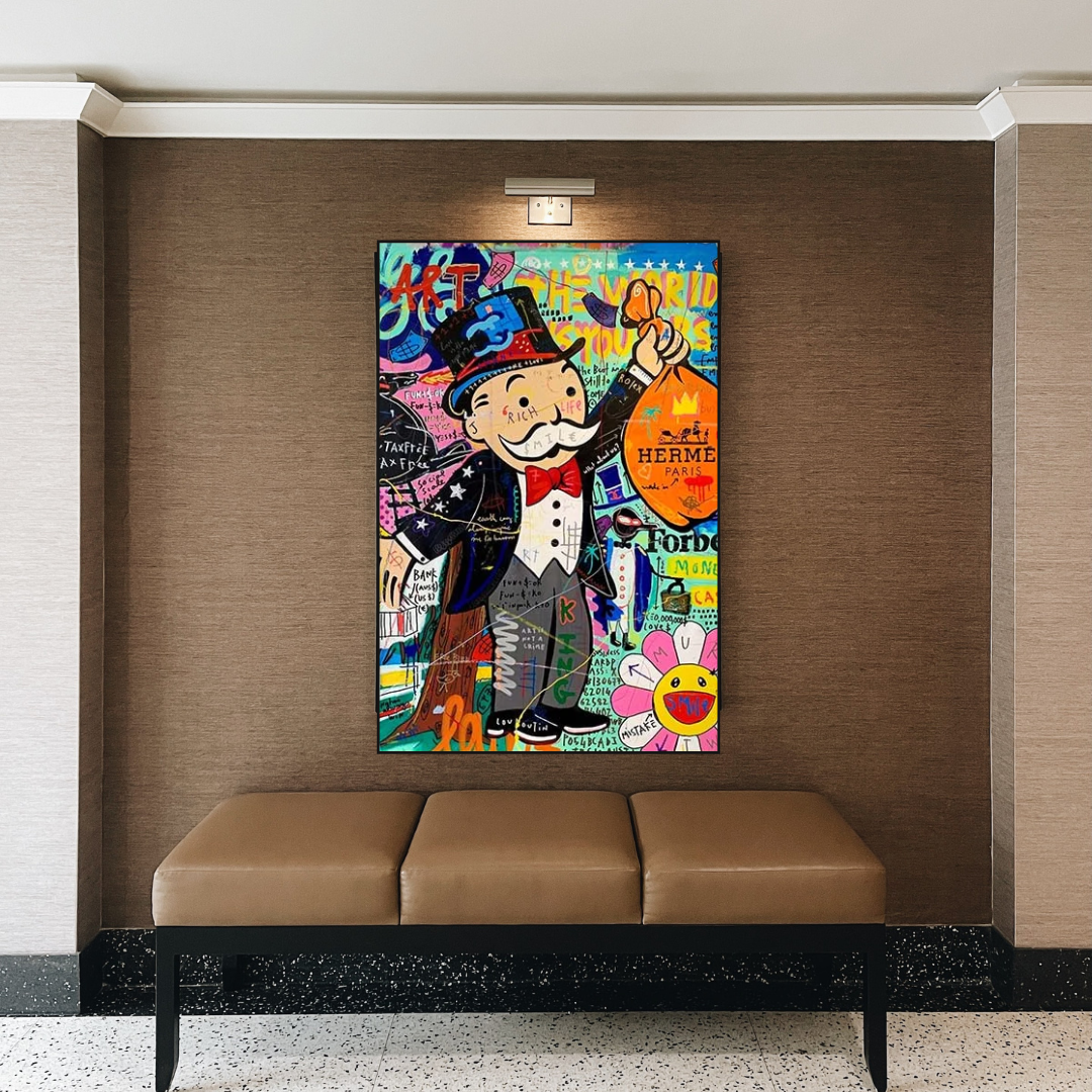ChandeliersDecor.com-Monopoly Wall Poster-Alec Monopoly The World is Yours Money Bag Canvas Wall Art