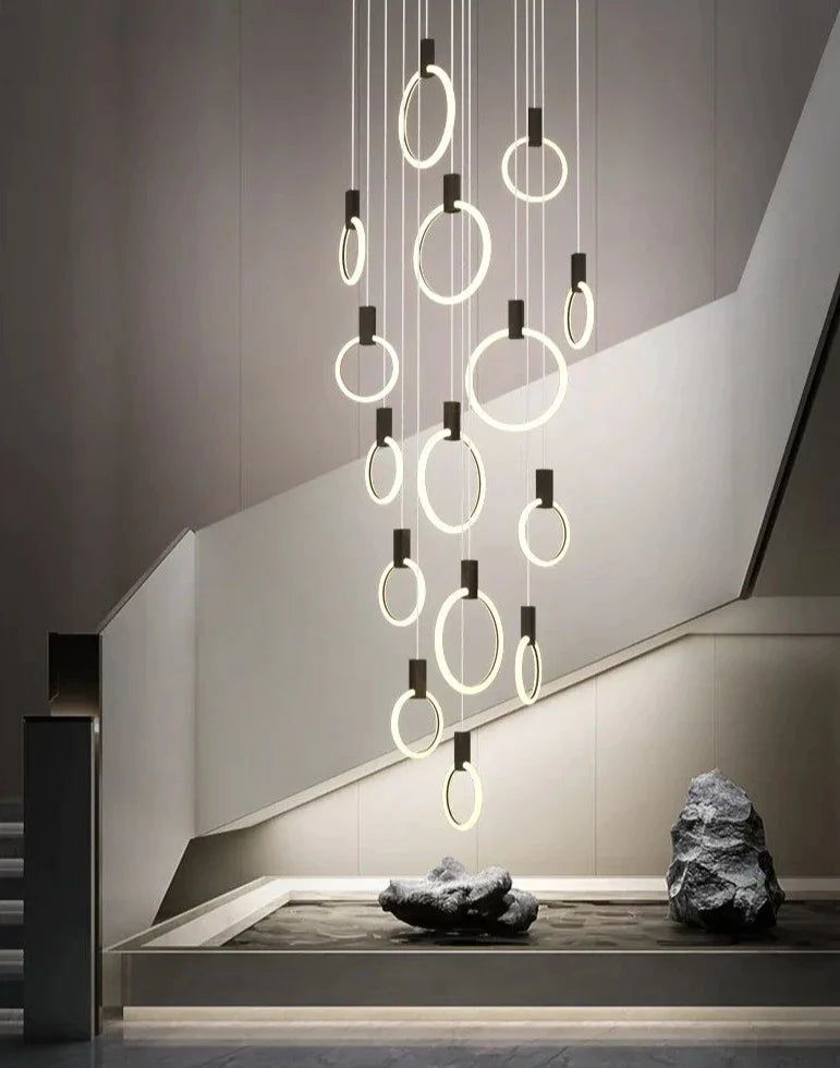 ChandeliersDecor.com-Staircase Chandelier-Aluminium Black Rings Long pendant lamp