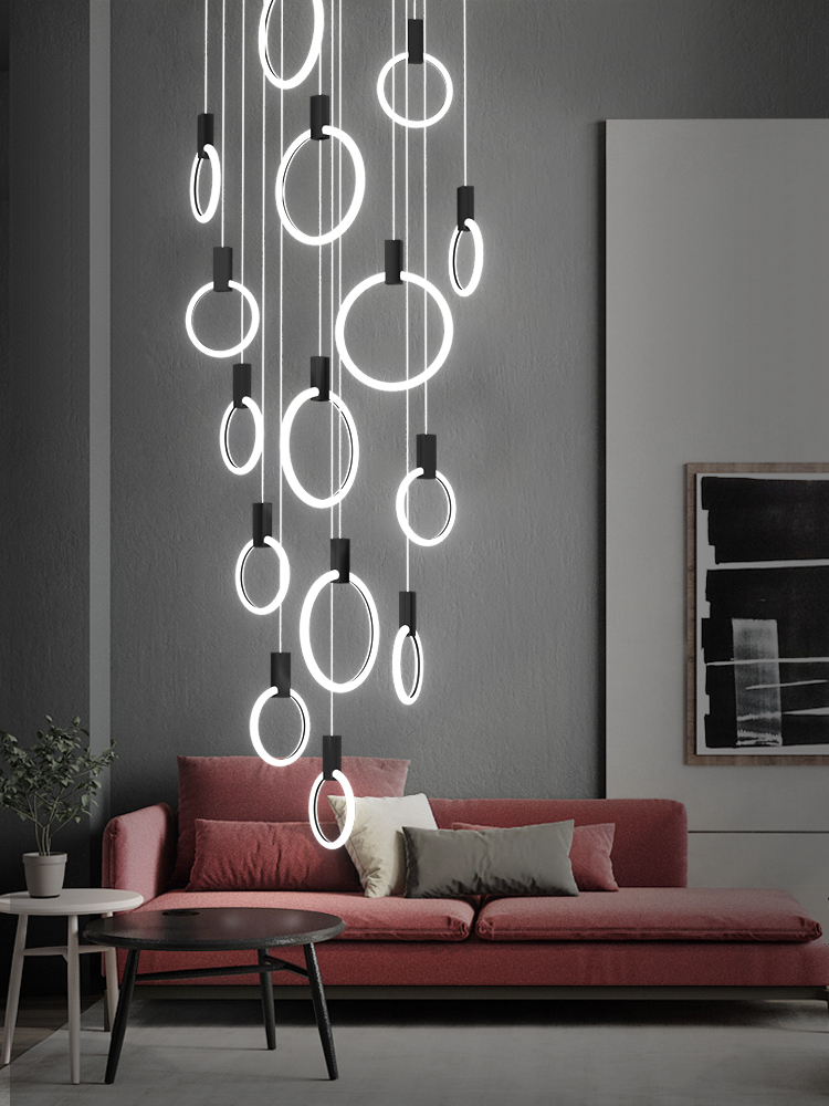 ChandeliersDecor.com-Staircase Chandelier-Aluminium Black Rings Long pendant lamp