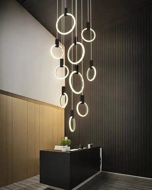 ChandeliersDecor.com-Staircase Chandelier-Aluminium Black Rings Long pendant lamp