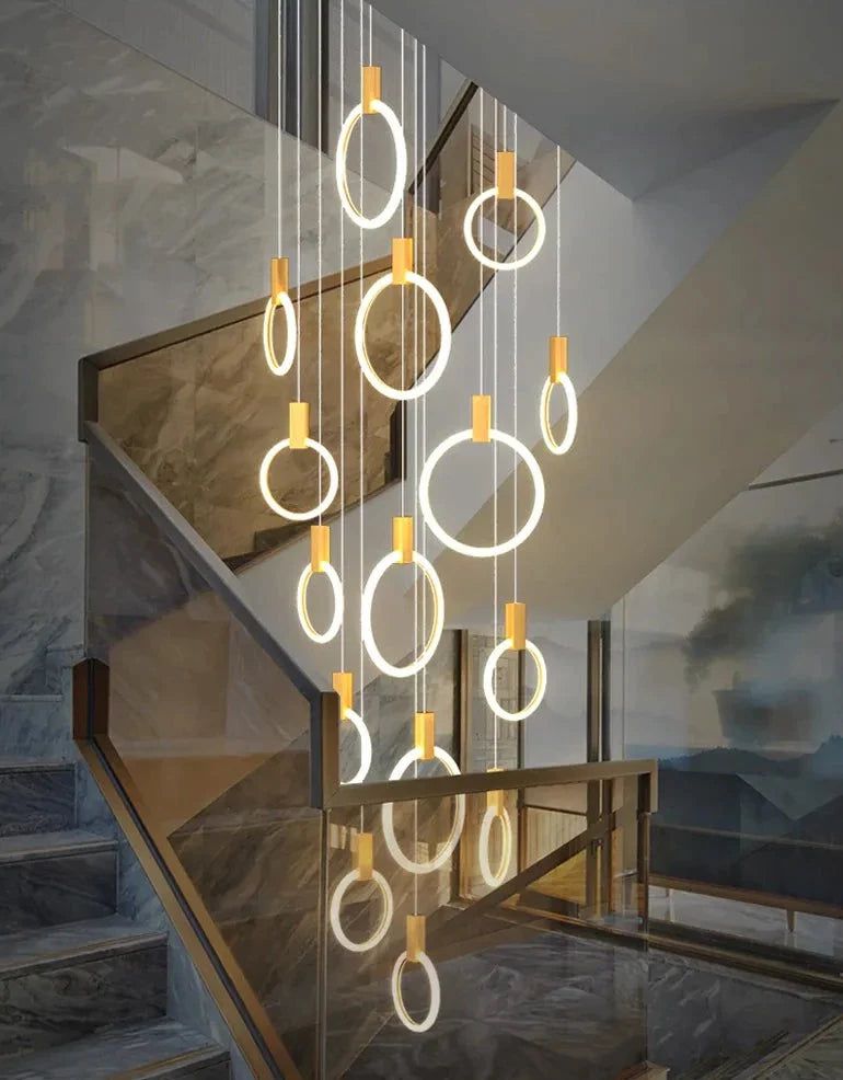 ChandeliersDecor.com-Staircase Chandelier-Aluminium Black Rings Long pendant lamp