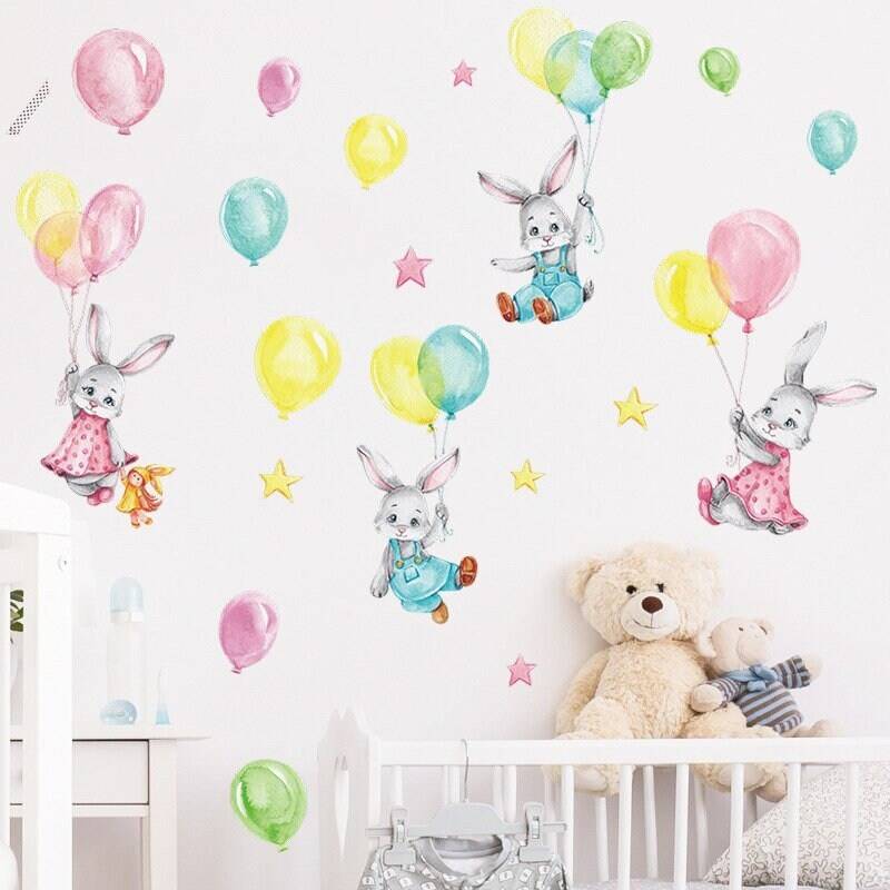 ChandeliersDecor.com-Home Decor Decals-Animal Balloon Wall Decals - Bunny Rabbit Nursery Art Set