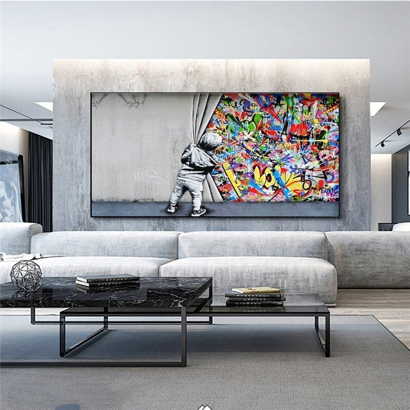 ChandeliersDecor.com-Banksy Wall Poster-Banksy Boy Behind The Curtain Canvas Wall Art