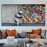 ChandeliersDecor.com-Banksy Wall Poster-Banksy Boy pulling curtain Canvas Wall Art