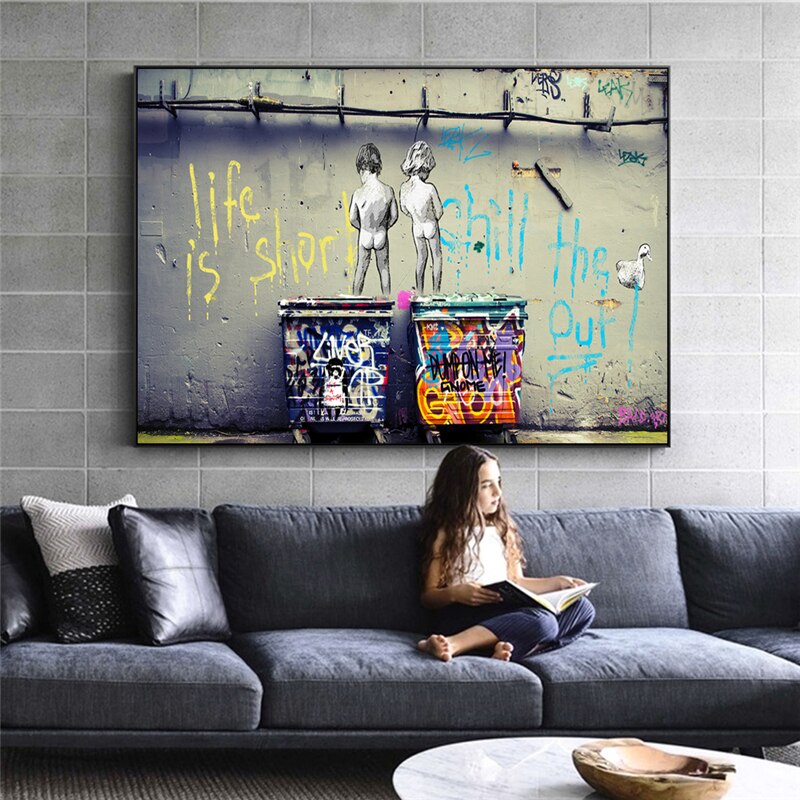 ChandeliersDecor.com-Banksy Wall Poster-Banksy Life Is Short Canvas Wall Art Print - Minimalist Street Art Home Decor