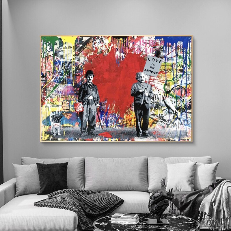 ChandeliersDecor.com-Banksy Wall Poster-Banksy Love is the Answer Wall Art - Charlie and Einstein - Modern Canvas Print