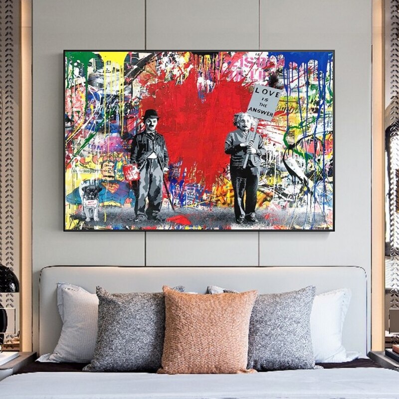 ChandeliersDecor.com-Banksy Wall Poster-Banksy Love is the Answer Wall Art - Charlie and Einstein - Modern Canvas Print