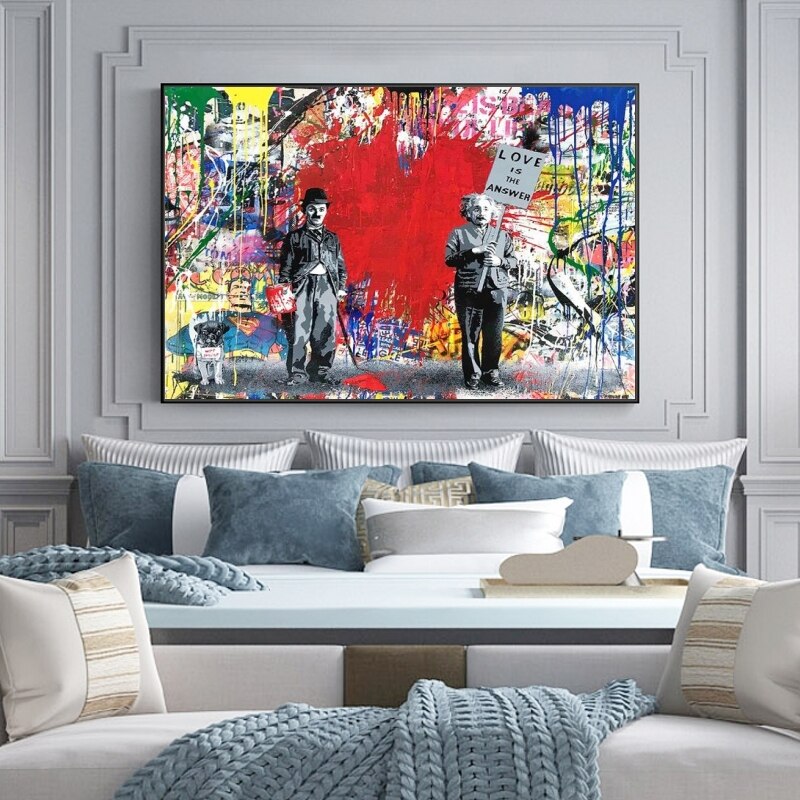 ChandeliersDecor.com-Banksy Wall Poster-Banksy Love is the Answer Wall Art - Charlie and Einstein - Modern Canvas Print