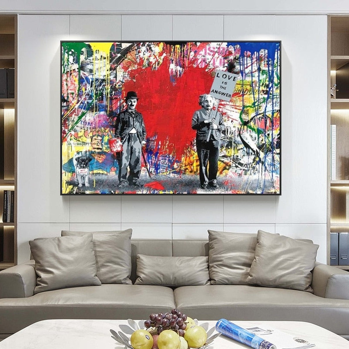 ChandeliersDecor.com-Banksy Wall Poster-Banksy Love is the Answer Wall Art - Charlie and Einstein - Modern Canvas Print