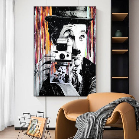 ChandeliersDecor.com-Wall Posters-Charlie Chaplin with Camera Canvas Wall Art
