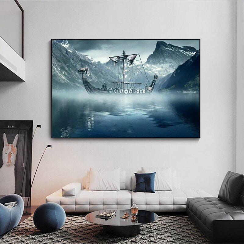 ChandeliersDecor.com-Wall Posters-Cold North Sea Viking Long Ship Canvas Wall Art