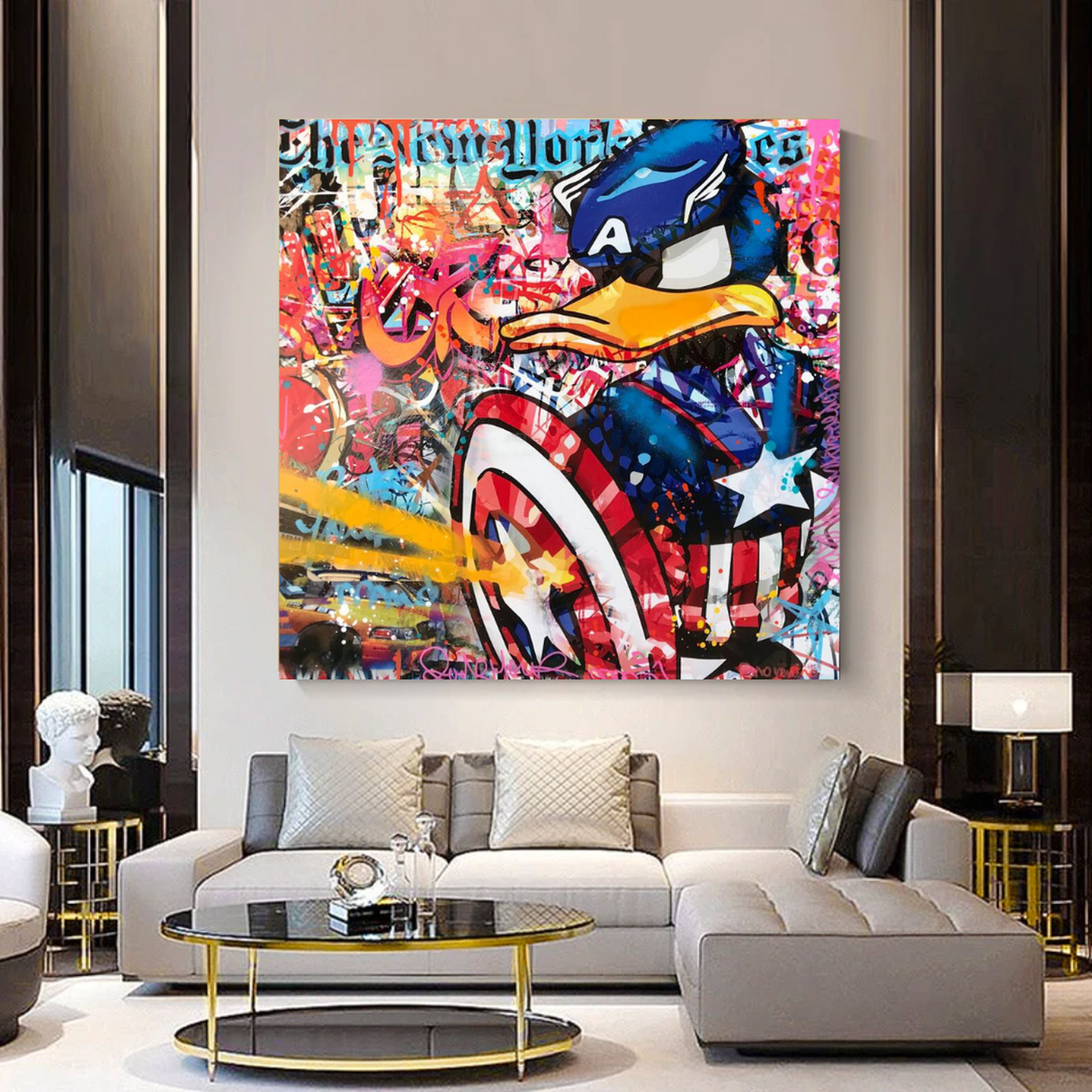 ChandeliersDecor.com-Wall Posters-Disney Donald Duck Warrior Captain America Graffiti Canvas Wall Art
