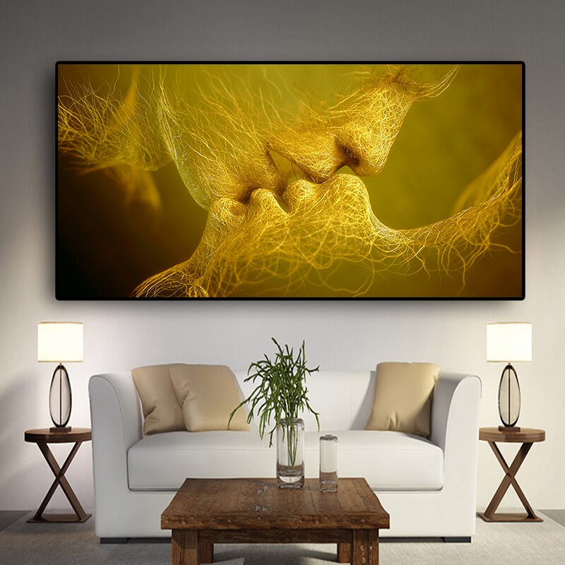 ChandeliersDecor.com-Wall Posters-Golden And Black Love Kiss Lips Canvas Wall Art