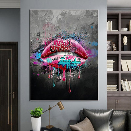 ChandeliersDecor.com-Wall Posters-Kiss me Pink Lips Graffiti Art - Stunning Lips Art Design