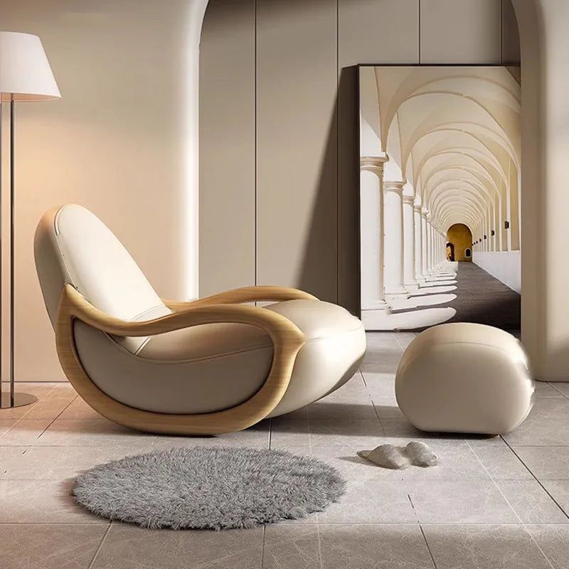 ChandeliersDecor.com-Sofa Chairs and Stools-Leather Rocking Chair Nested in Oak Wood