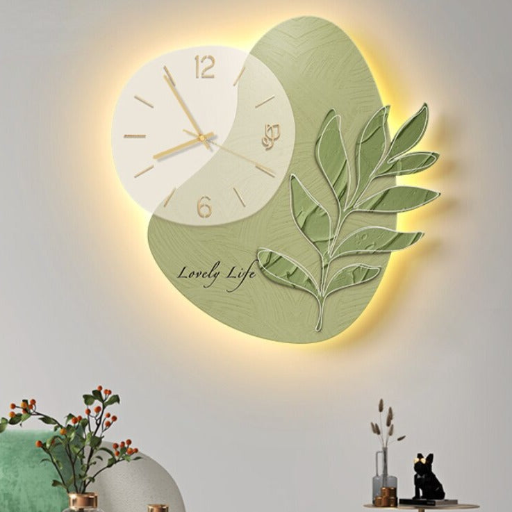 ChandeliersDecor.com-Wall Clocks-LED Lights Glowing Green Leaf Wall Clock