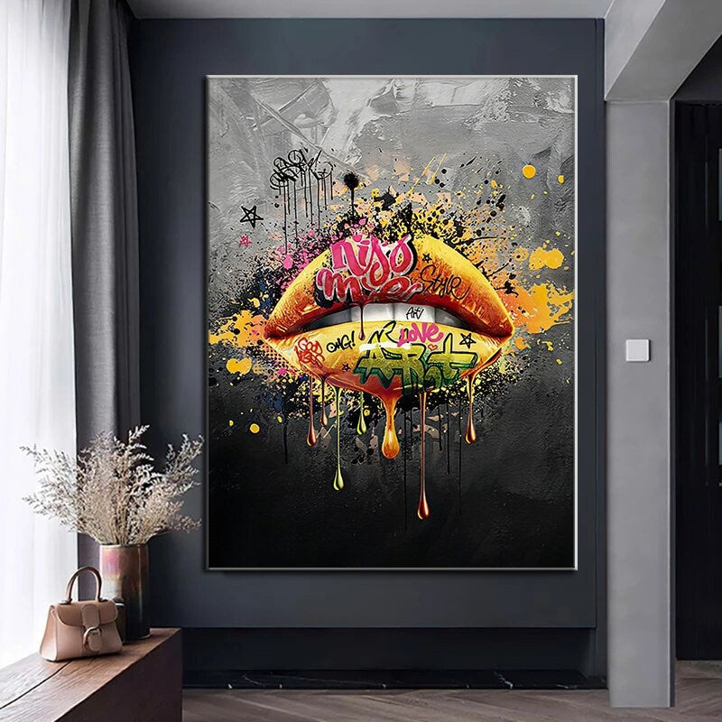 ChandeliersDecor.com-Wall Posters-Lips Art: Explore Kiss Me Yellow Graffiti Wall Decor