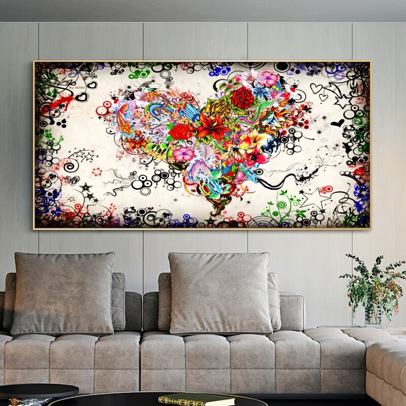 ChandeliersDecor.com-Wall Posters-Modern Art Colourful Heart Flowers Canvas Wall Art