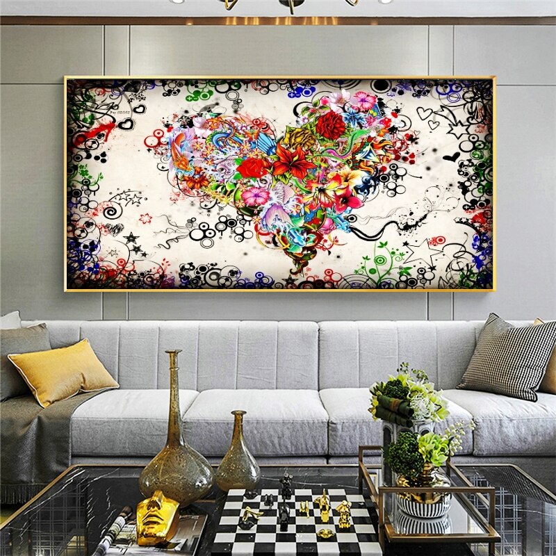 ChandeliersDecor.com-Wall Posters-Modern Art Colourful Heart Flowers Canvas Wall Art