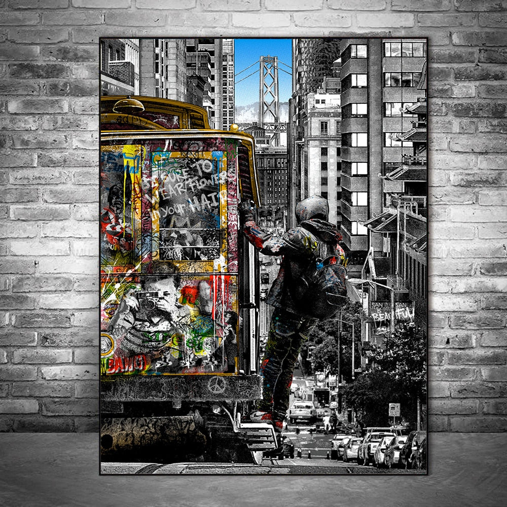 ChandeliersDecor.com-Wall Posters-Modern Graffiti Art Catching Bus Tram Canvas Wall Art