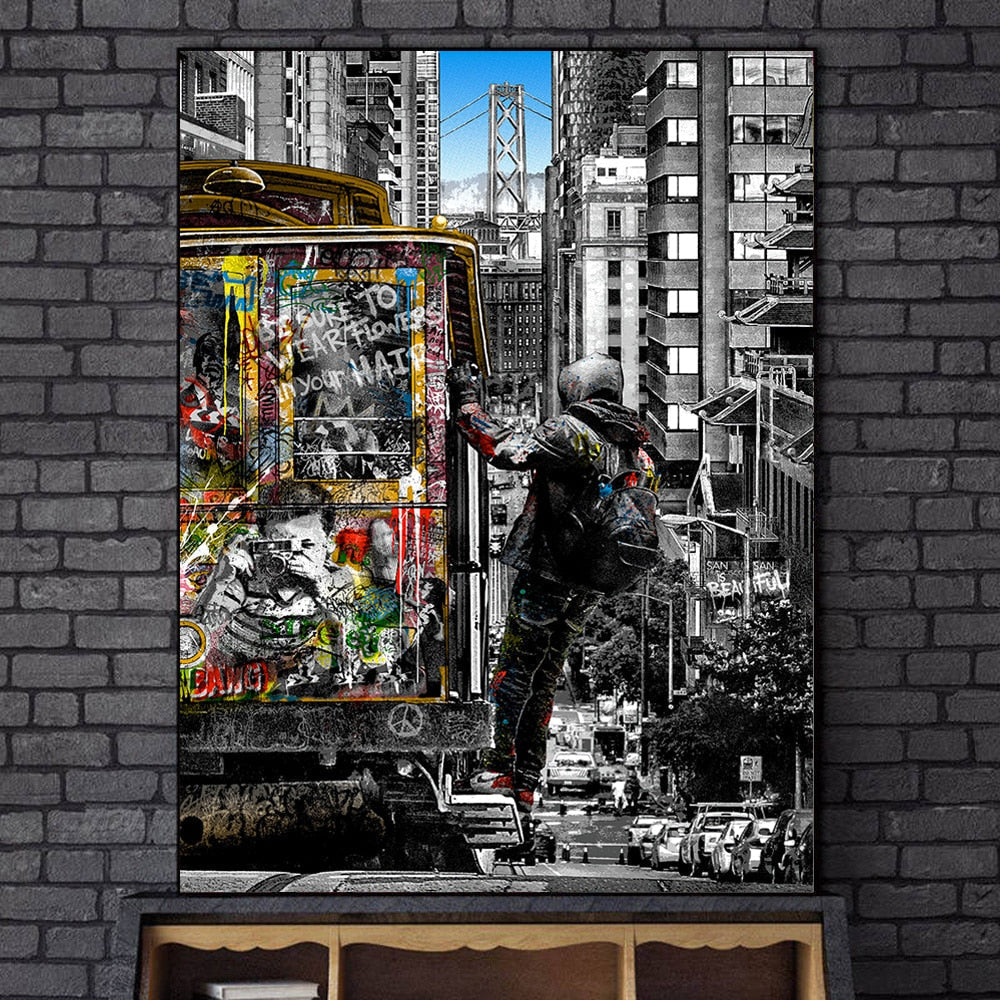 ChandeliersDecor.com-Wall Posters-Modern Graffiti Art Catching Bus Tram Canvas Wall Art