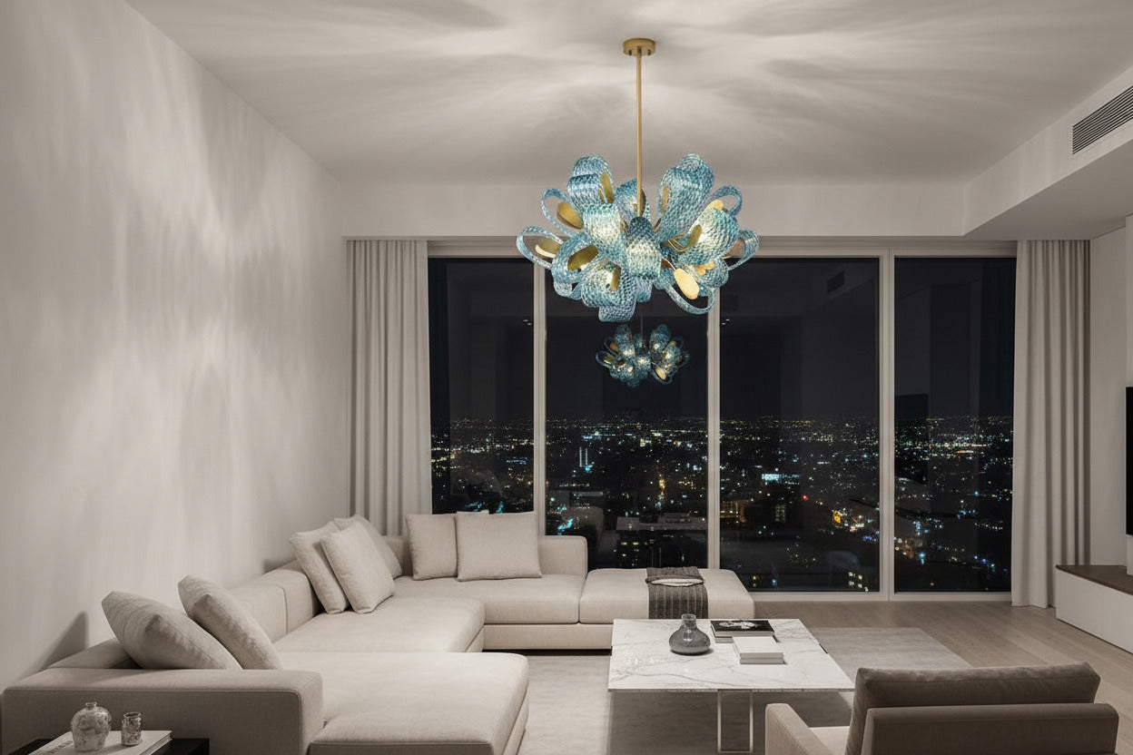 ChandeliersDecor.com-Chandeliers-Peacock Blue Glass Chandelier: Stunning Lighting Fixtures