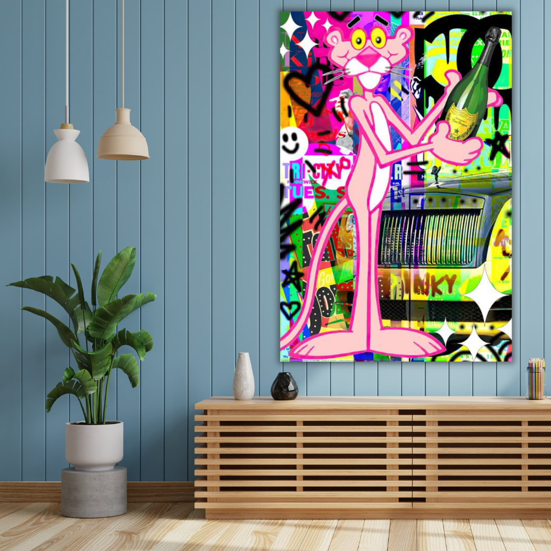 ChandeliersDecor.com-Wall Posters-Pink Panther Enjoying Champagne Canvas Poster Canvas Wall Art