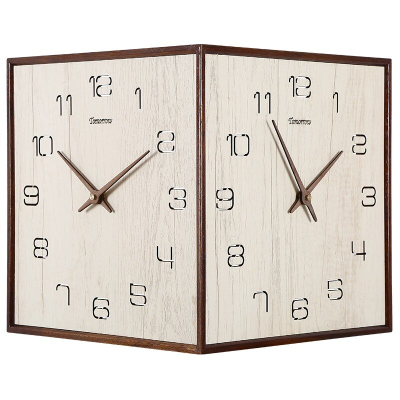 ChandeliersDecor.com-Wall Clocks-Punch-free Solid Wood Corner Double-Sided Wall Clock